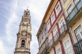 Tower of Church of Clerics and colorful architecture of Porto, Portugal