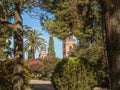 Tower of the church Iglesia de Santa Maria de la Encarnacion in the Alhambra, Granada, from the gardens of Generalife Royalty Free Stock Photo