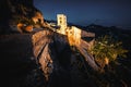 Tower of Church of St. Nocolo at night in Savoca, Sicily, Italy. The place where Godfather movie were filmed Royalty Free Stock Photo