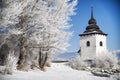 Tower of church in winter country