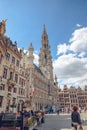 Tower of the city hall at the Grand place central square in the old town of Brussels Royalty Free Stock Photo