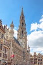 Tower of the city hall at the Grand place central square in the old town of Brussels Royalty Free Stock Photo