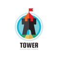 Tower - concept logo template vector illustration in flat style. Castle with red flag creative sign in circle. Fortress abstract.