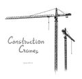 Tower construction cranes Hand drawn vector on white Royalty Free Stock Photo