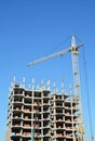 Tower Crane and Building Constructors on Construction Site. Building with two cranes on construction site with builders.