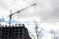 Tower crane builds a new house from a monolithic frame and a monolithic brick structure