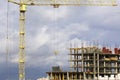 Tower crane on the construction of a building with a frame of reinforced concrete. Flooded by the light of the setting sun. Royalty Free Stock Photo