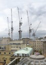 Tower cranes for construction many high in sky towering over city skyscrapers and office blocks buildings