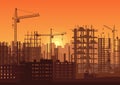 Tower cranes on construction site in sunset. Buildings under construction in sunrise. City skyline silhouette vector Royalty Free Stock Photo