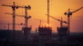 Tower cranes at a large construction site at sunset, A beautiful construction yard in the background. Generative AI