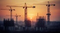 Tower cranes at a large construction site at sunset, A beautiful construction yard in the background. Generative AI