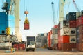 Tower cranes loading trucks witth containers at the Port of Iquique