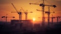 Tower Cranes at Sunset, Unveiling the Beauty of a Dynamic Construction Site. Generative AI