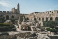 Tower of David or Jerusalem Citadel. Jerusalem, Israel. Courtyard, behind a high stone wall. Sightseeing in the Old town Royalty Free Stock Photo