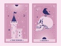 The tower and death tarot card illustration fortune telling occult mystic esoteric.