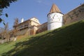 Tower and defense wall from the Medias fortress, Medias, Sibiu, Romania Royalty Free Stock Photo