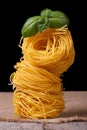 Tower of dry pasta nest closeup with green basil Royalty Free Stock Photo