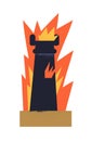 Tower in fire burning. Building in flame, disaster, destruction. Tragedy, misfortune, hardship, loss, misery symbol