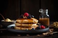Tower of fluffy pancakes with drizzle of maple syrup, fresh berries, raspberries , blackberries. AI generated