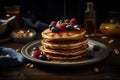 Tower of fluffy pancakes with drizzle of maple syrup, fresh berries, raspberries , blackberries. AI generated