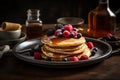 Tower of fluffy pancakes with drizzle of maple syrup, fresh berries, raspberries , blackberries. AI generated