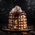 tower of fluffy pancakes, stacked high and drizzled with chocolate sauce and whipped cream by AI generated