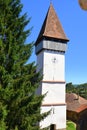 Tower of the fortified medieval church in the village Mesendorf Meschenderf, Meschendorf, Mesche