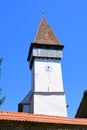 Tower of the fortified medieval saxon evangelic church in the village Mesendorf Meschenderf, Meschendorf, Mesche