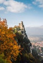 The tower of Fortress of Guaita on Monte Titano mountain - the highest in Republic of San Marino. Autumn landscape view