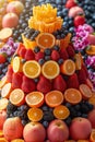 A tower of fruit arranged in a pyramid with oranges, strawberries and blueberries, AI