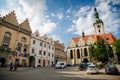 Tower of the gothic Church of the Transfiguration on Mount on main Square of Jan Zizka, cityscape of medieval town in sunny summer