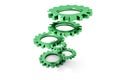 Tower of green colored metallic cogwheels hovering