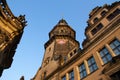 The tower Hausmannturm in the old parts of Dresden, Germany, on a warm summer evening as the sun sets Royalty Free Stock Photo