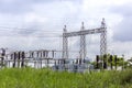 High voltage electric power substation with cloudy dark sky background Royalty Free Stock Photo