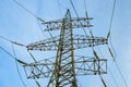 Tower of high voltage power lines against the blue sky. Closeup. Electricity transmission