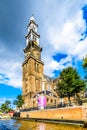 Tower of the Historic Westerkerk in Amsterdam near the Anne Frank House at the Prinsengracht in Amsterdam