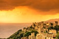 Tower houses in Vathia at sunset Greece Mani Peninsula