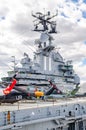 Tower of the Intrepid with helicopter standing on the deck of the Intrepid Sea-Air-Space Museum, NYC Royalty Free Stock Photo