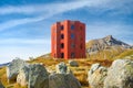 A tower on the Julierpass in Switzerland. The mountain scenery and the famous building. Summer landscape in the daytime. Royalty Free Stock Photo