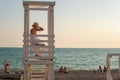 Tower paradise beach sunrise life lifeguard ocean vacation surf tourism, from saving protection in security for blue Royalty Free Stock Photo