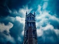 Tower-like old house with ladder to the second floor. Creepy mysterious building at backdrop of dramatic skies. Generative AI