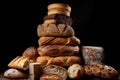 tower of loaves, stacked high with a variety of breads and shapes