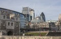 Streets of London - The Tower of London and the Gherkin - old and new. Royalty Free Stock Photo