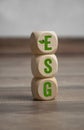 Tower made of cubes, dice or blocks with acronym ESG - environment social governance on wooden background