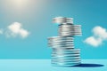 Tower made of silver coins reaching the sky, white clouds and sun flare on the sky, illustration Royalty Free Stock Photo