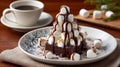 Tower of marshmallows and chocolate drizzled with sauce on rustic plate Royalty Free Stock Photo