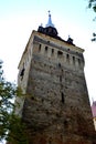 Tower of the medieval fortified saxon church Saschiz Keisd, Transylvania. Royalty Free Stock Photo