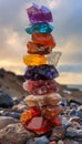 Tower of multi-colored healing crystals. A stack of colorful smooth polished gemstones