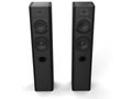 Tower music speakers with matte black side panels - top down view