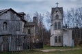 Tower of an old abandoned church on an ancient city. Beautiful background for a card or wallpaper for Halloween Royalty Free Stock Photo